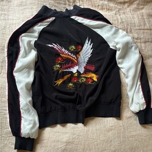 Reversible Silk Embroidered Black & White Bomber Jacket with Crane Motif